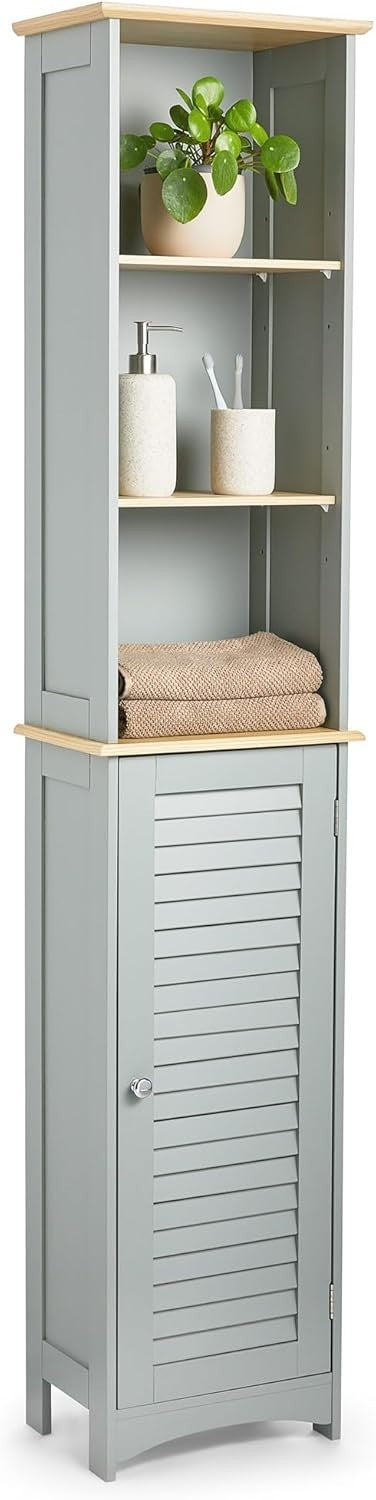Tall Slim Bathroom Storage Unit Grey – 6 Shelf Cupboard with Door