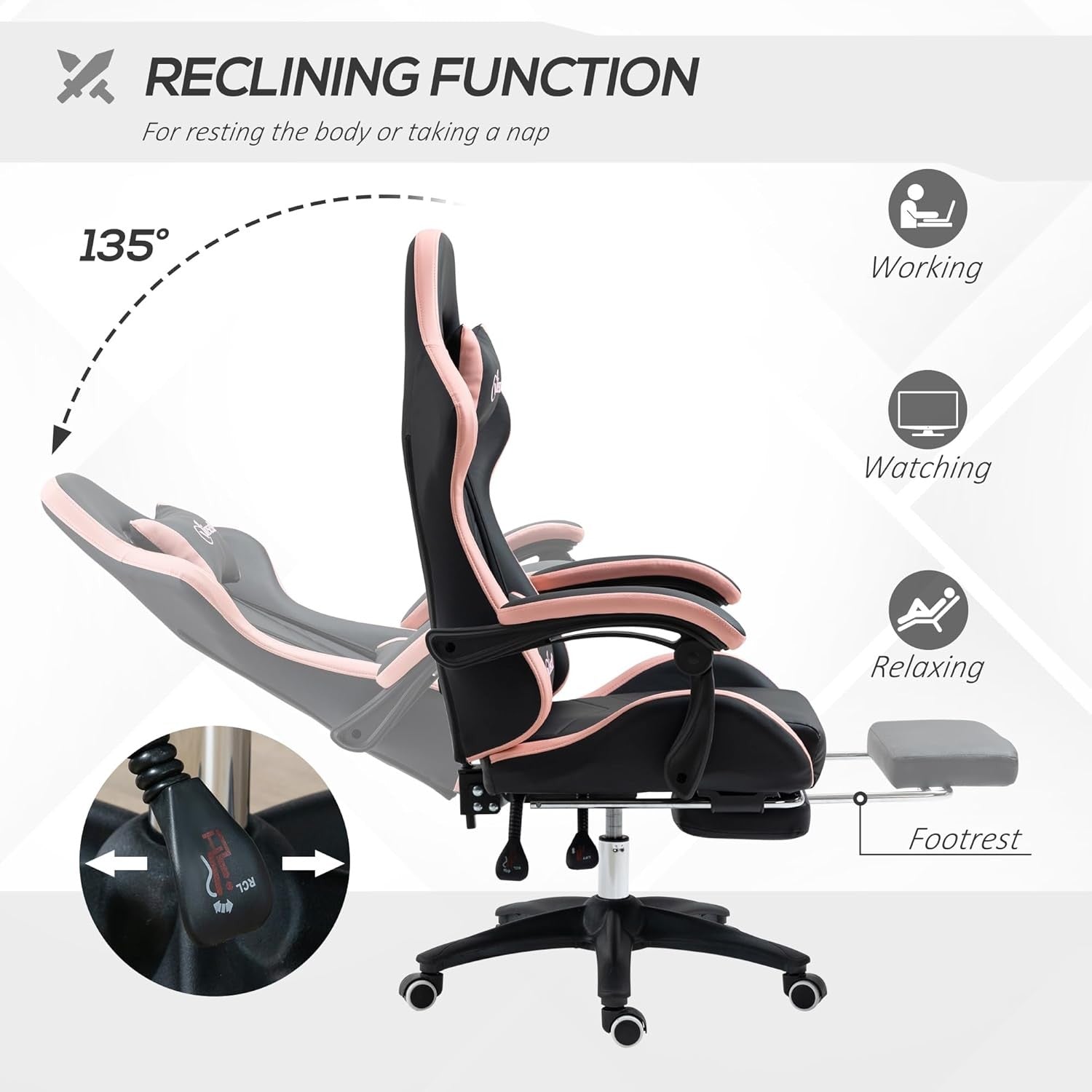 Gaming Chair PU Leather Recliner w/ Footrest 135° Swivel Black Pink