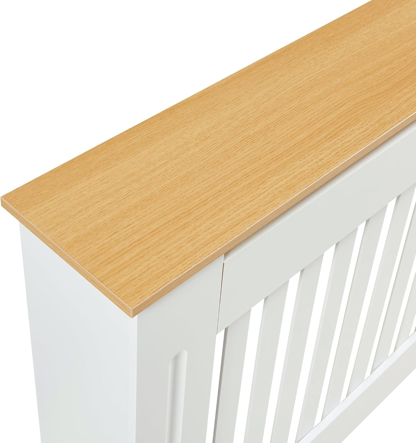 Medium White Radiator Cover 112cm Wood Top Modern Slatted Heating Cabinet