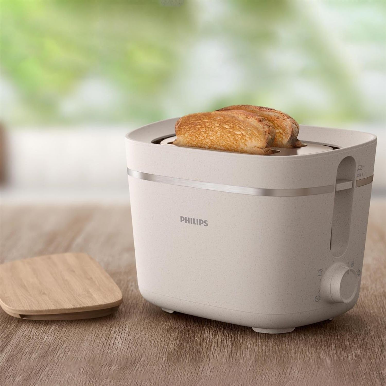 Eco-Friendly 8-Setting Toaster with Bun Warmer, Removable Crumb Tray & Wood