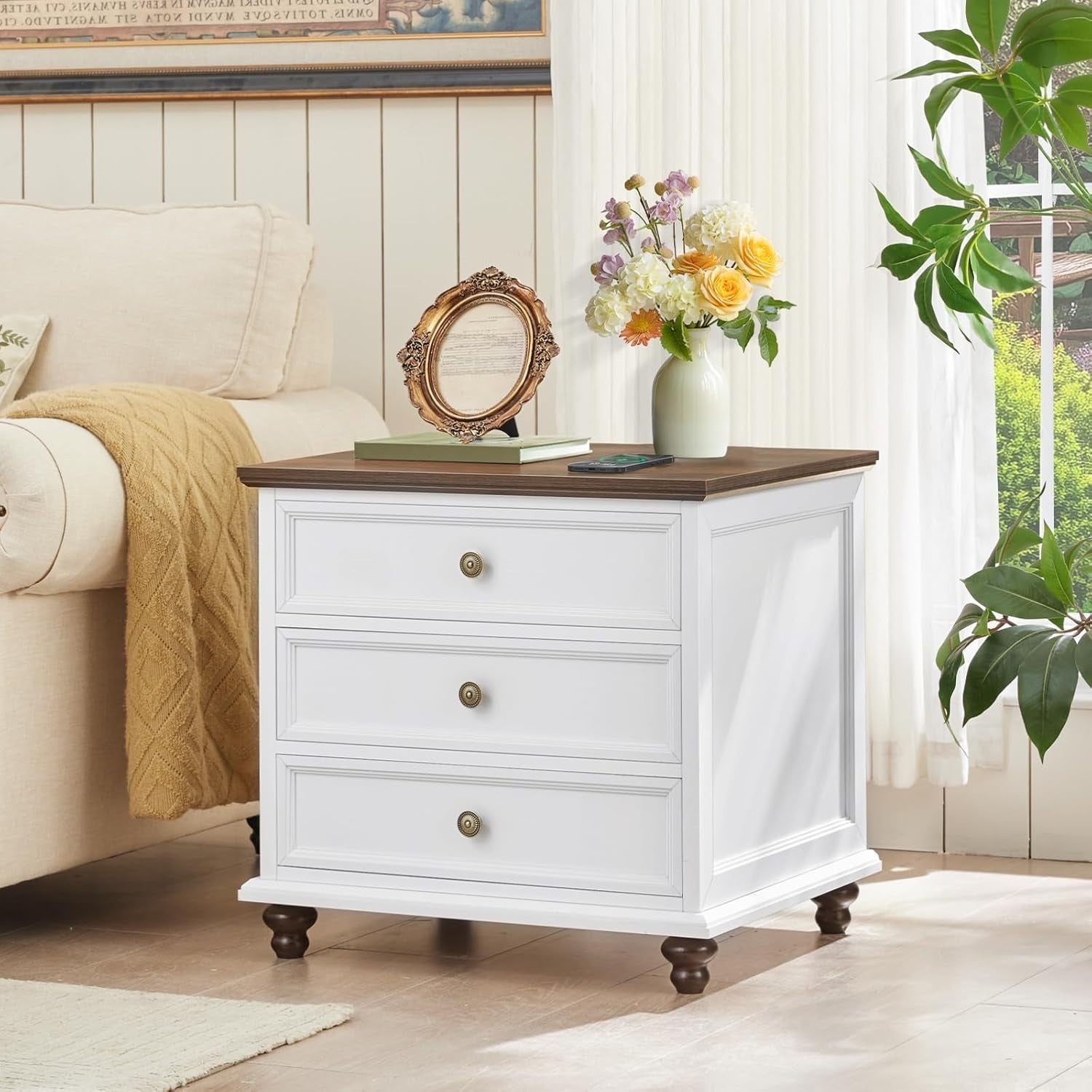 White Wooden Bedside Table with 3 Drawers – Rustic Nightstand