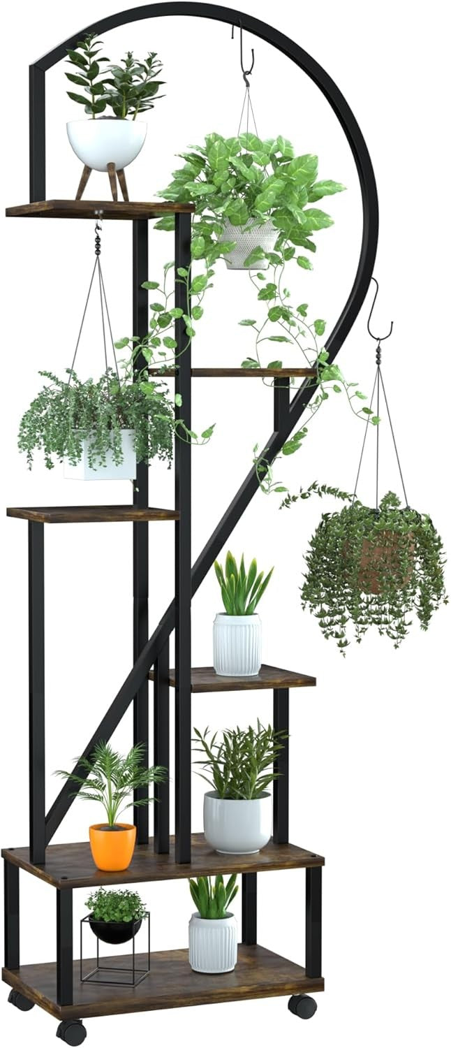 71in Half Moon Metal Plant Stand 6 Tier Tall Flower Shelf Indoor Outdoor Rack