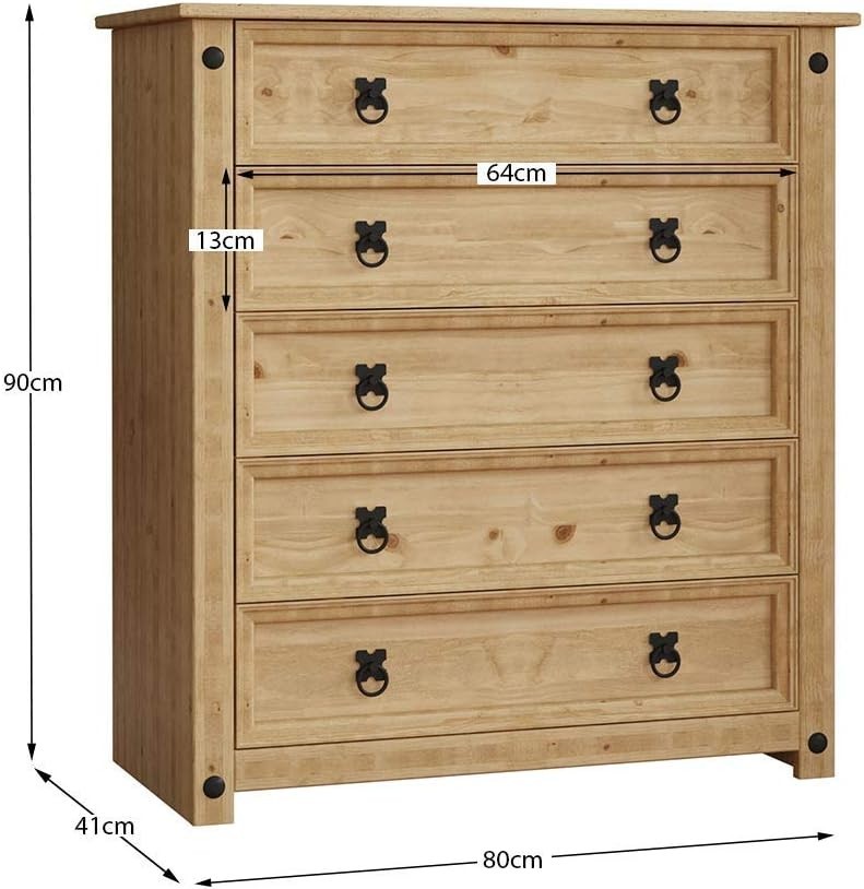 5 Drawer Solid Pine Chest | Rustic Wax Finish | Wooden Bedroom Storage