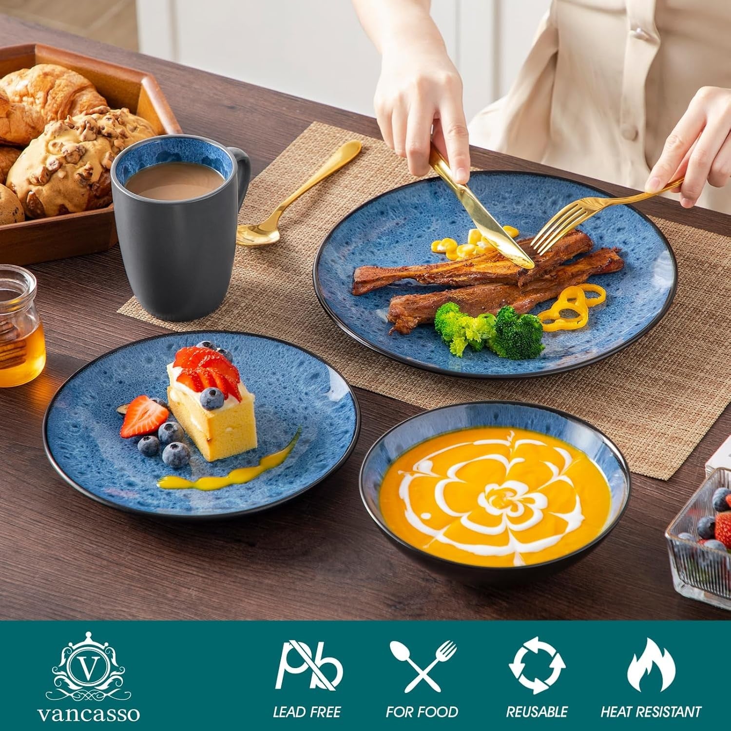 16pc Reactive Glaze Dinnerware Set Blue Plates Bowls Mugs Service for 4