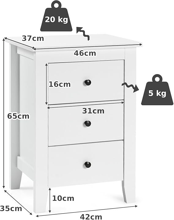 White Wooden Bedside Tables Set of 2 – Modern 3 Drawer Nightstands with Storage