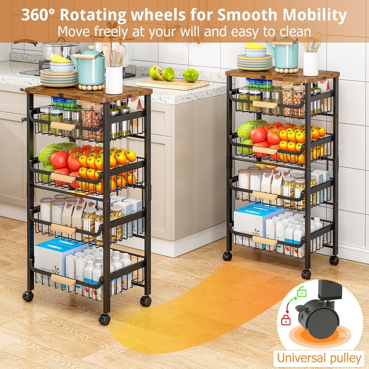 5 Tier Kitchen Trolley on Wheels Storage Rack Wood Top