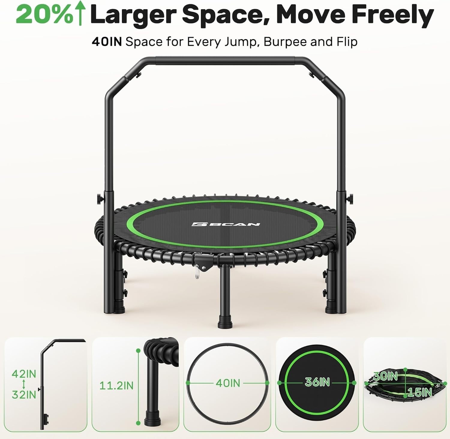 Heavy Duty Foldable Rebounder Trampoline Quiet Bungee Handle 204KG