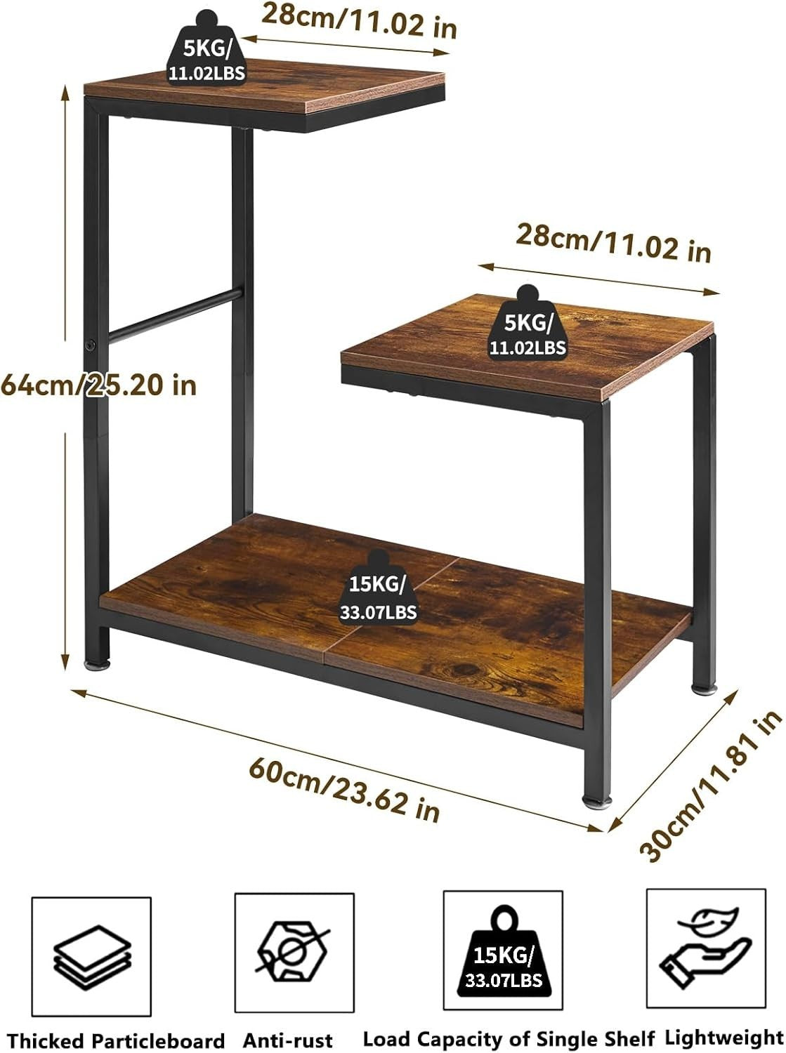 Rustic Brown G-Shaped Side Table 29x60x63.5 cm | Small End Table w/ Storage