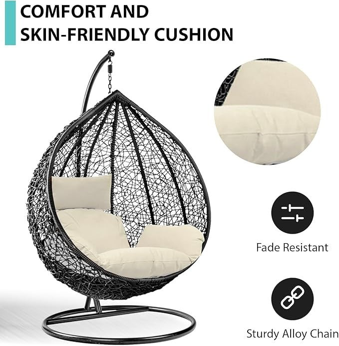 Hanging Egg Chair Outdoor Rattan Swing with Cushion & Steel Frame Garden Patio