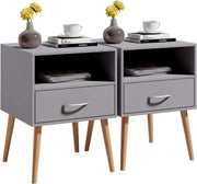 Set of 2 Grey Wood Bedside Tables with Drawer & Shelf – Modern Nightstands