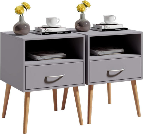 Set of 2 Grey Wood Bedside Tables with Drawer & Shelf – Modern Nightstands