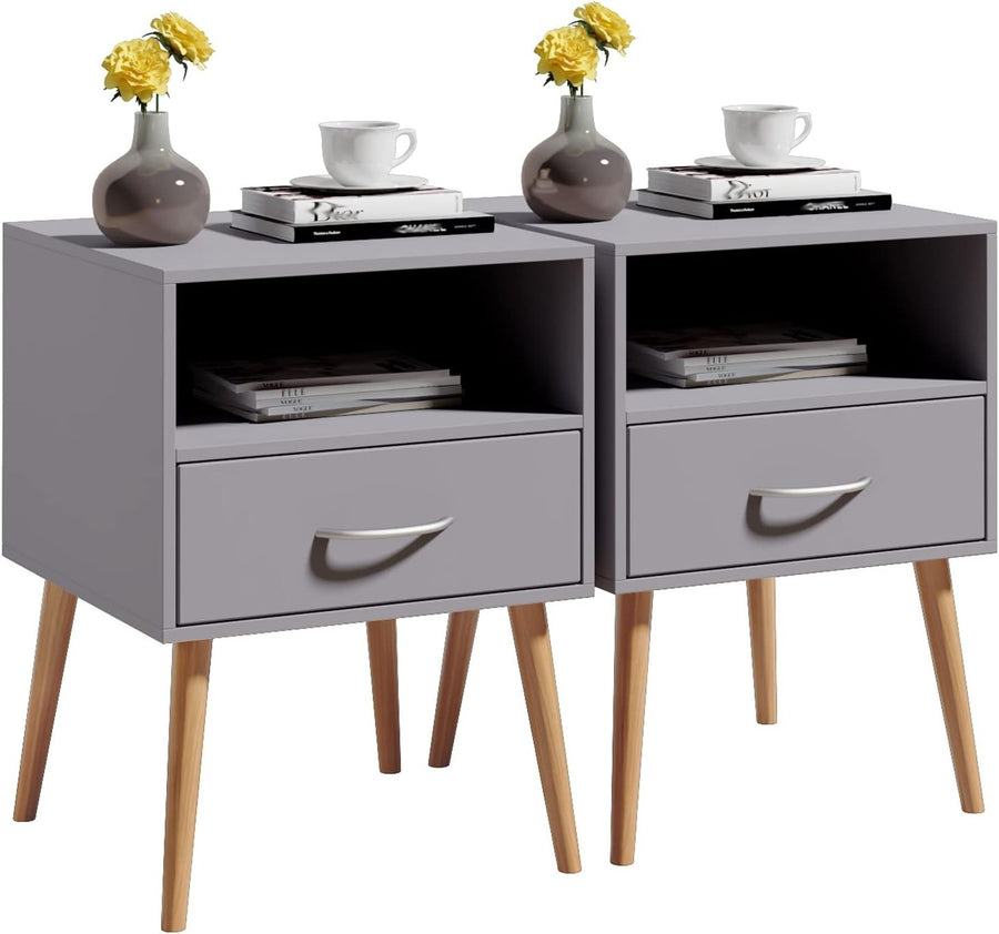 Set of 2 Grey Wood Bedside Tables with Drawer & Shelf – Modern Nightstands