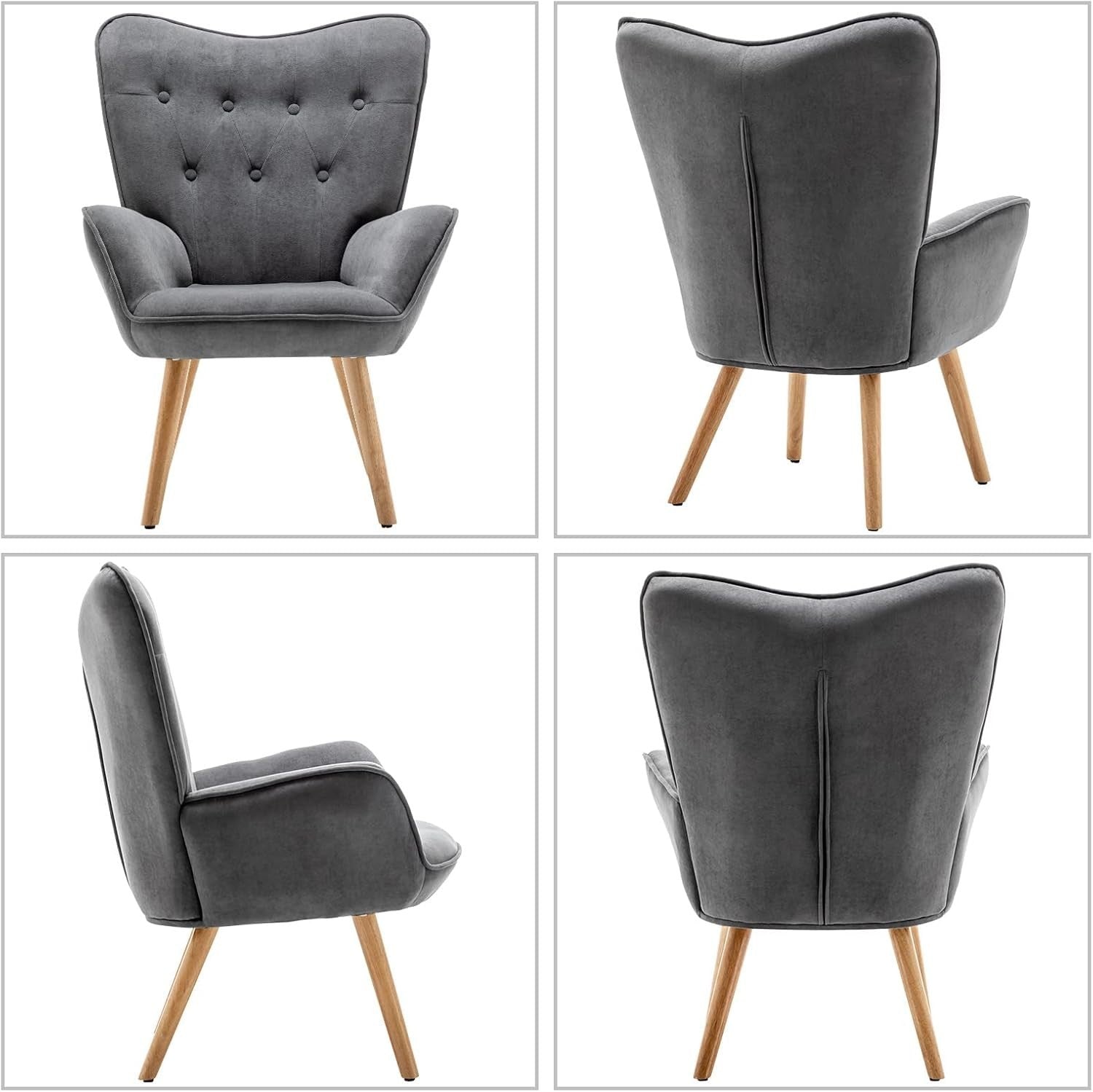 Dark Grey Velvet Armchair with Footstool, Comfy Reading Lounge Chair Set
