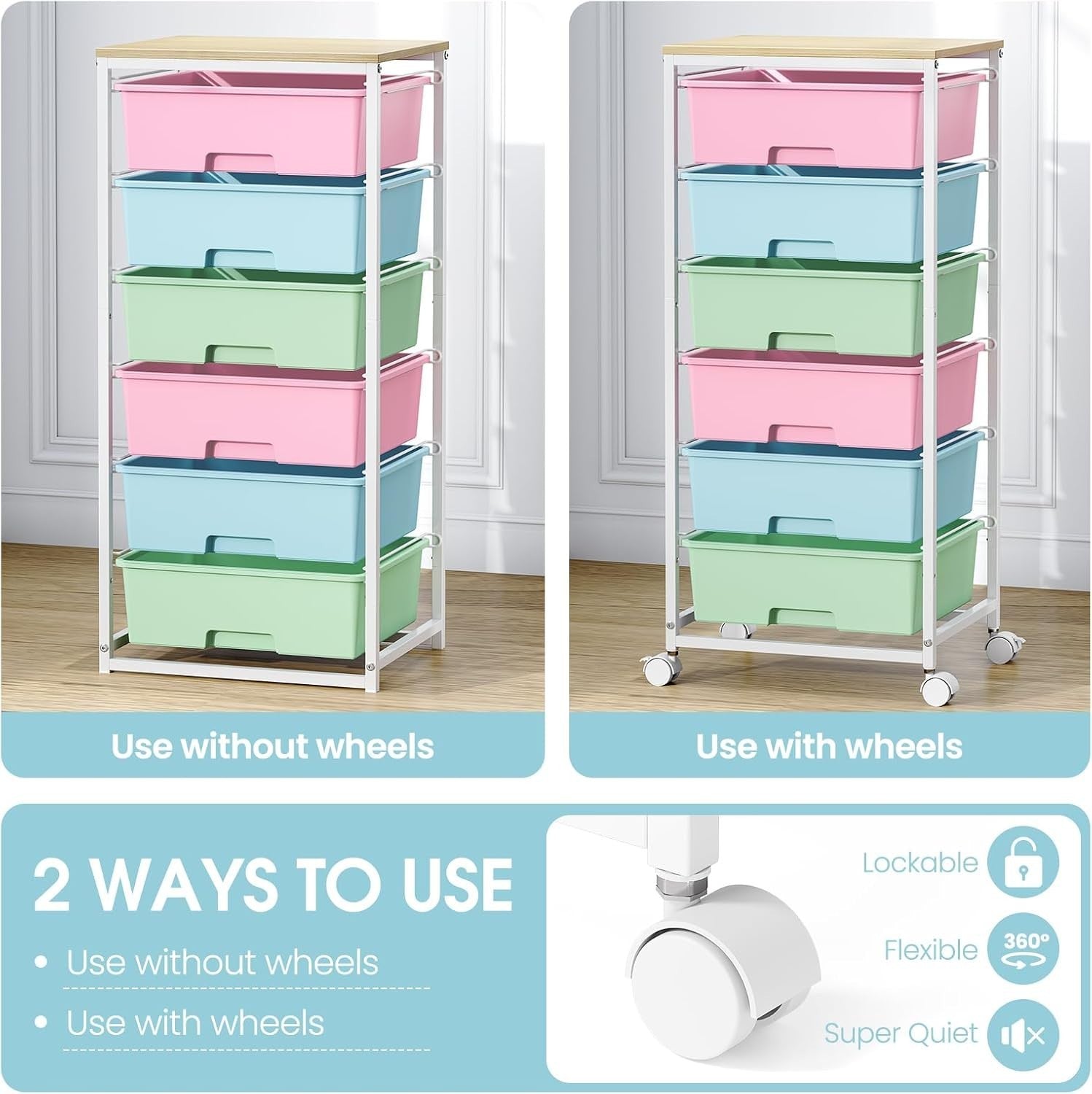 6 Drawer Rolling Storage Cart Craft Organizer Trolley Multicolor Wheels