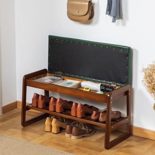 Modern Green Entryway Shoe Bench with Flip-Top Storage & Cushioned Seat