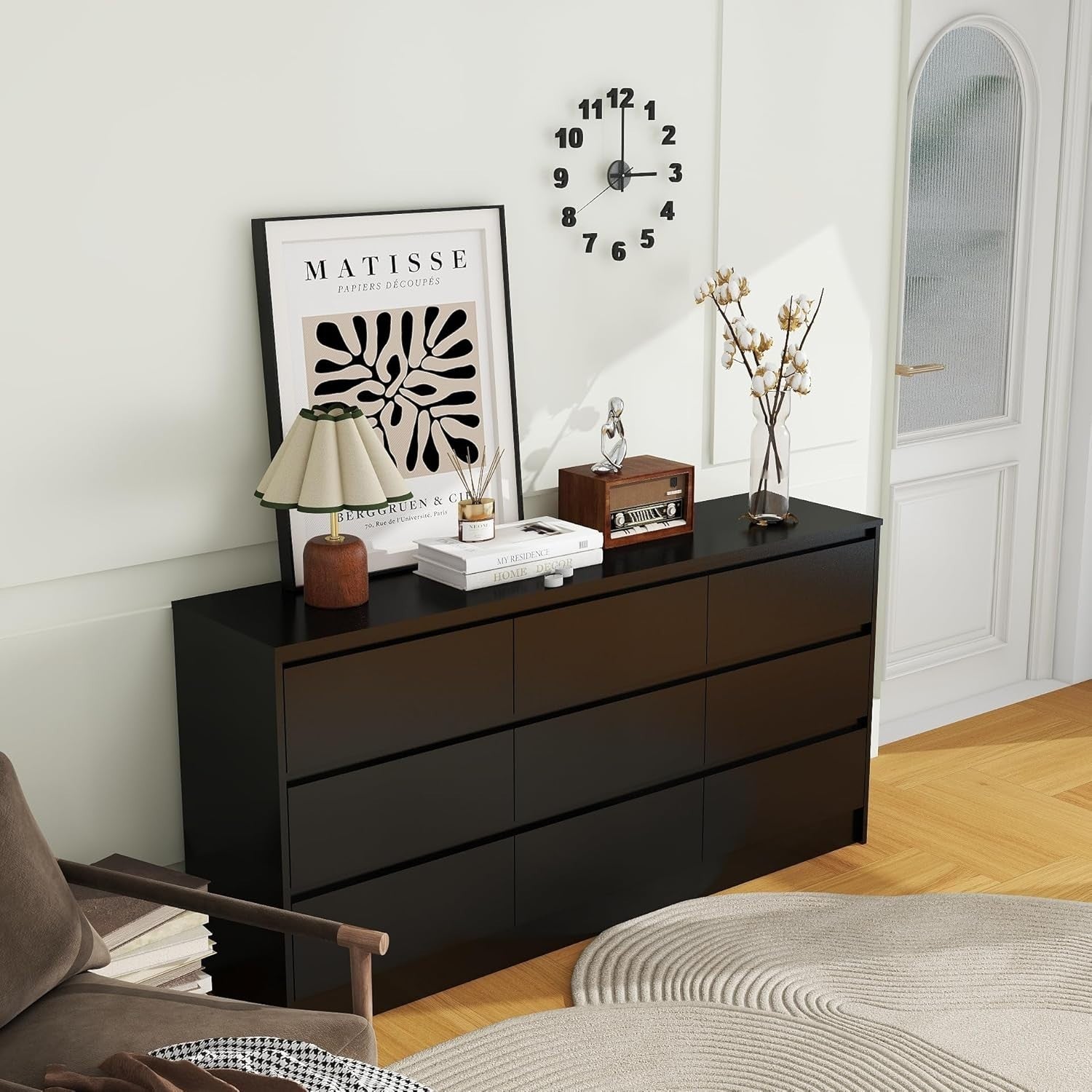 Black 9 Drawer Dresser Chest Storage Unit Wide Modern Bedroom Cabinet