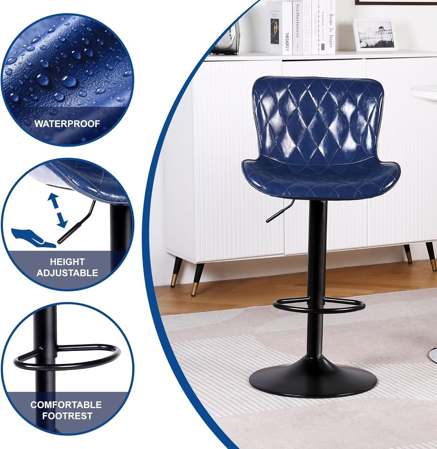 Blue Bar Stools Set of 2 | Faux Leather Seat, Adjustable Swivel, Footrest