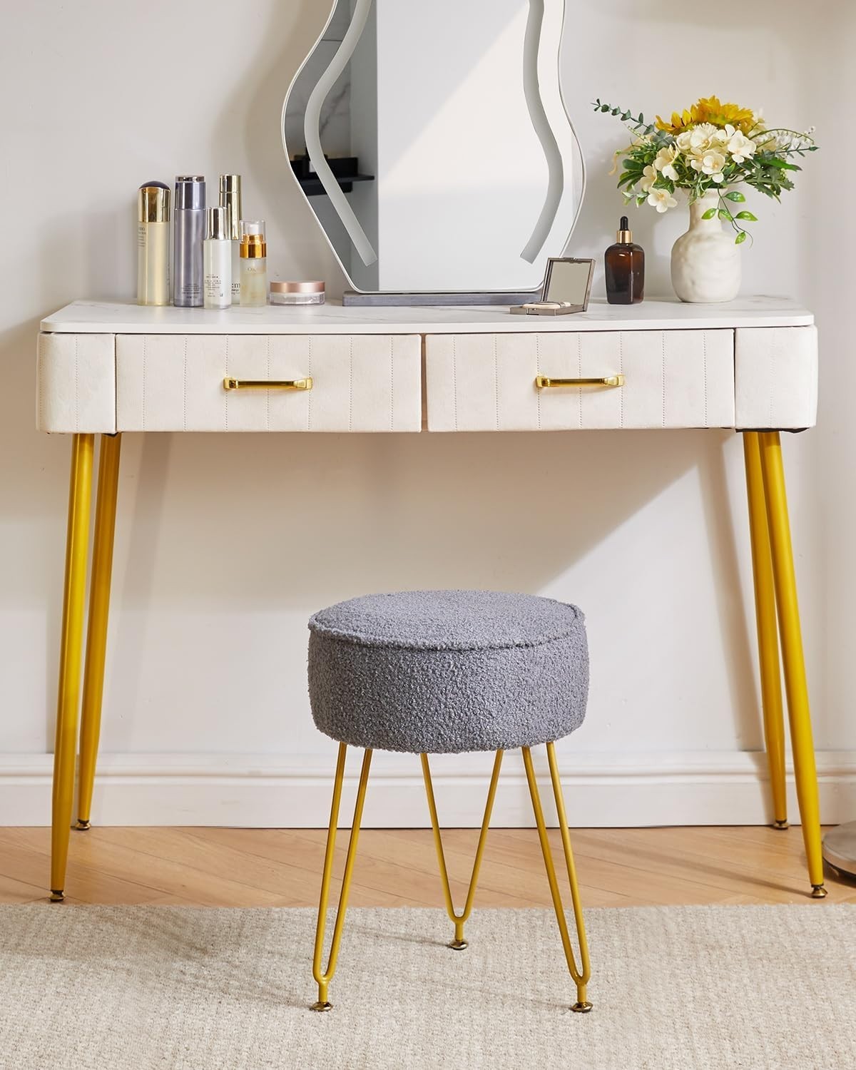 Teddy Velvet Round Footrest Ottoman – Cozy Vanity Stool with Metal Legs
