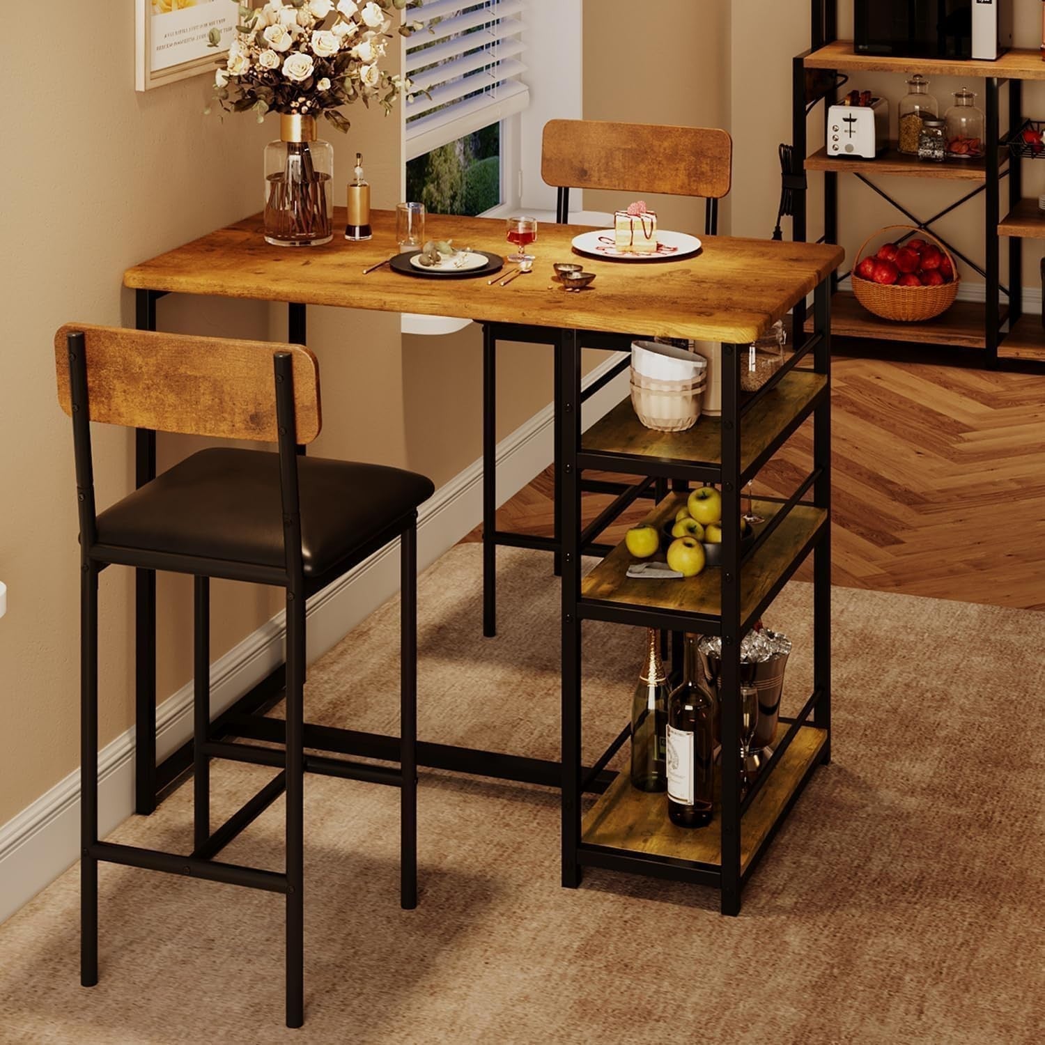 2-Seater Dining Table Set Chairs & 3-Tier Storage Shelves, Rustic Brown Bistro