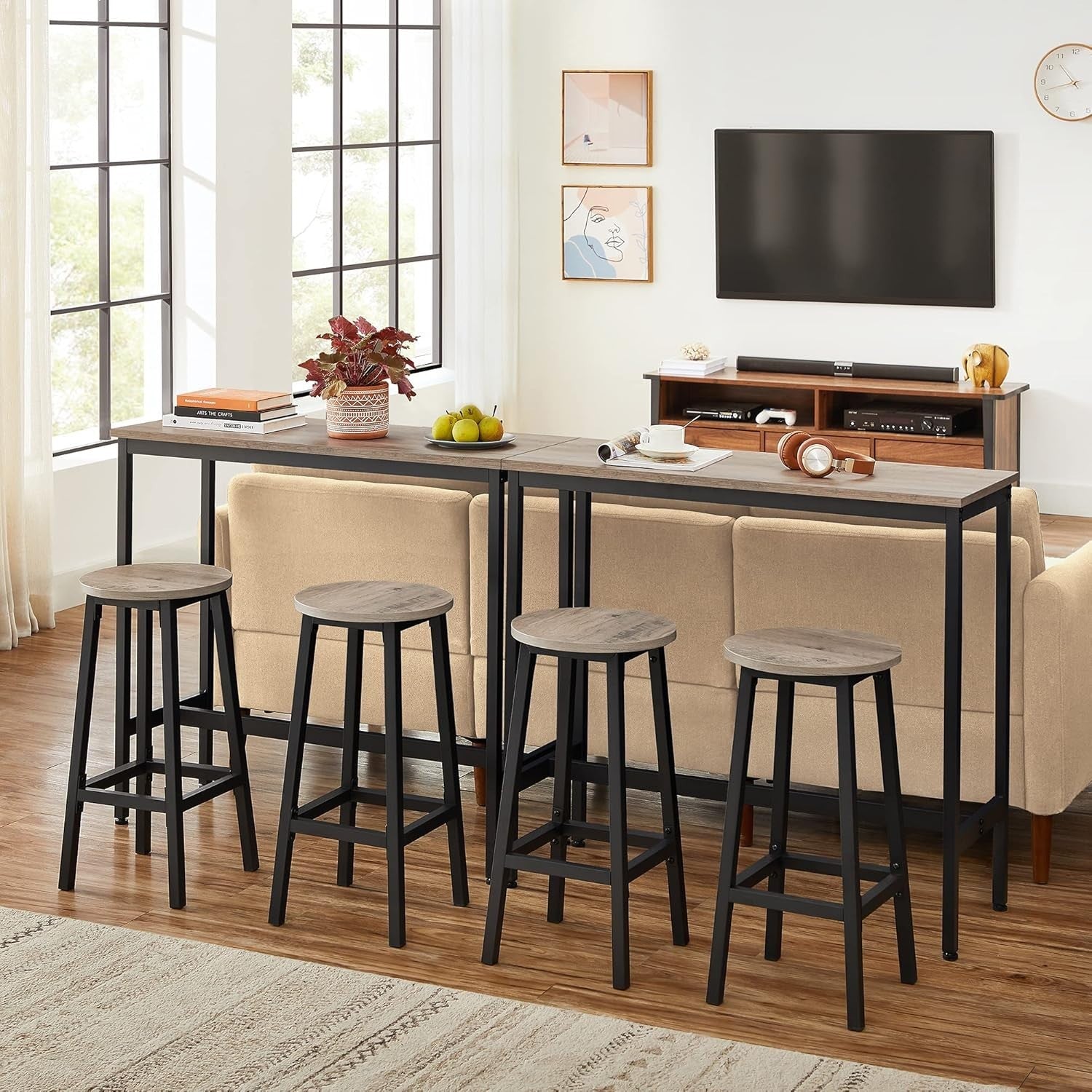 Industrial Bar Stools Set of 2 Greige Round Seat 65cm High Sturdy