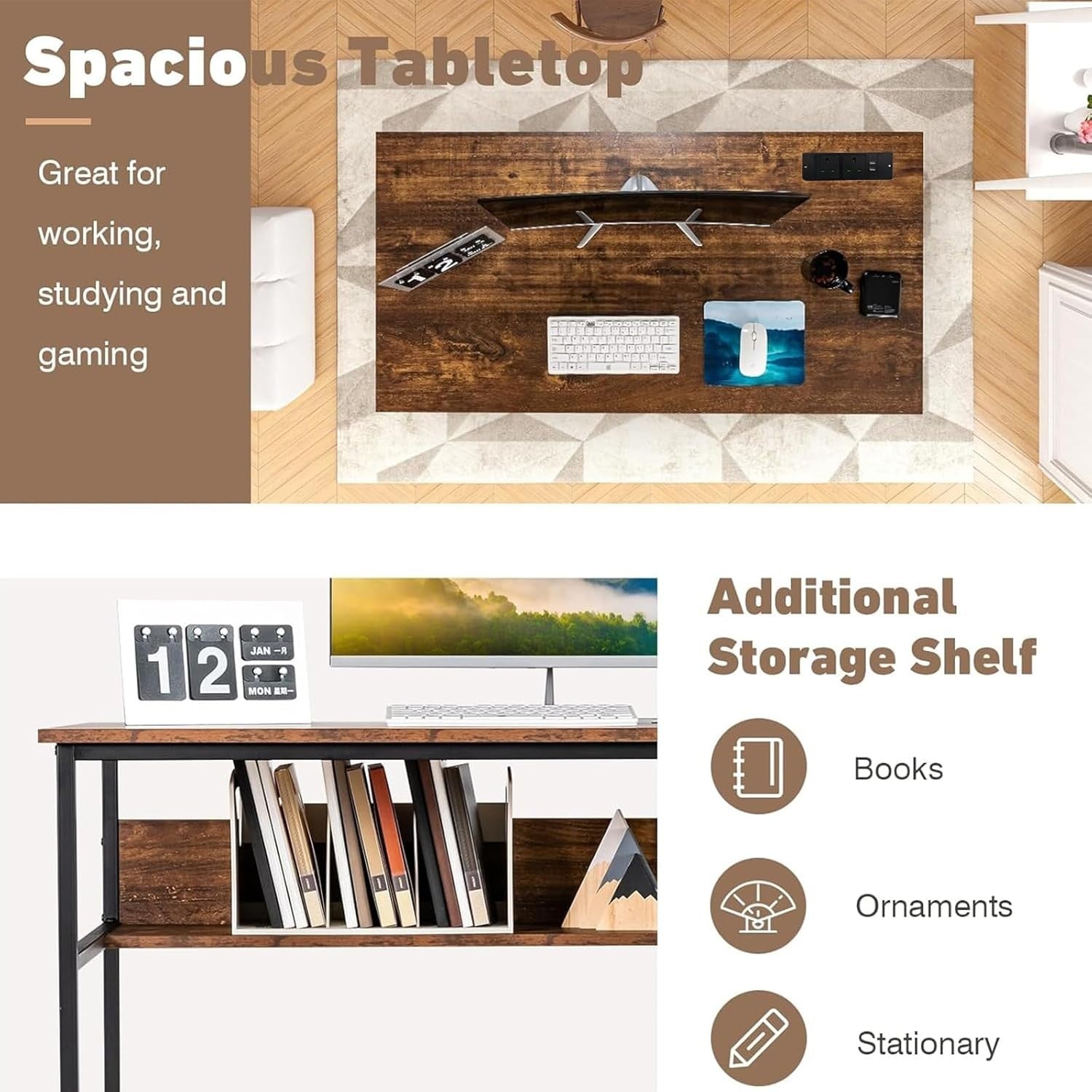 Brown Computer Desk 120x60cm Wooden Study Table with Power Outlet & Shelf