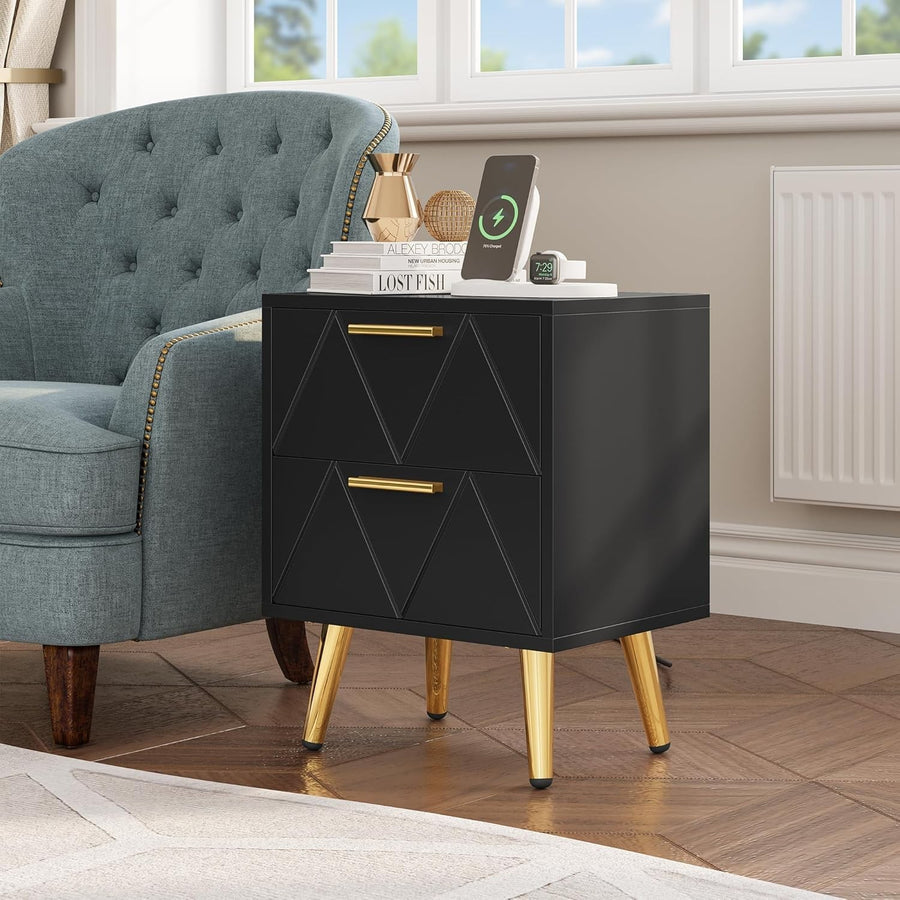 Black & Gold 2 Drawer Bedside Table – Modern Nightstand with USB Ports