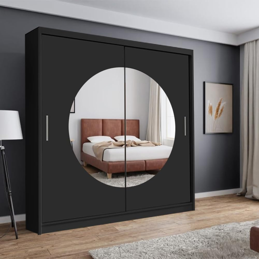 Black 2-Door Sliding Wardrobe 150cm Moon-Shaped Mirror Bedroom Storage