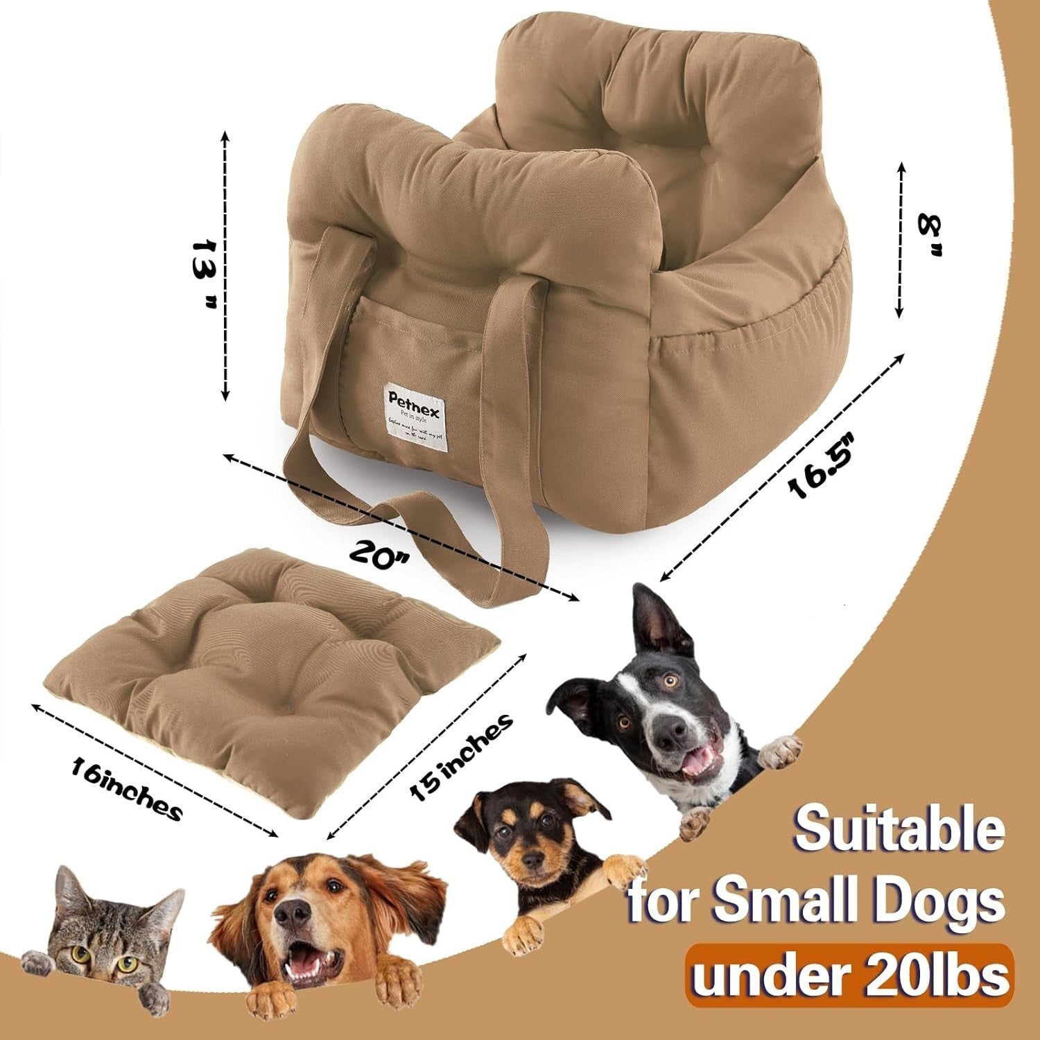 Portable Dog Car Booster Seat Pet Travel Carrier Bed Khaki Small Dogs