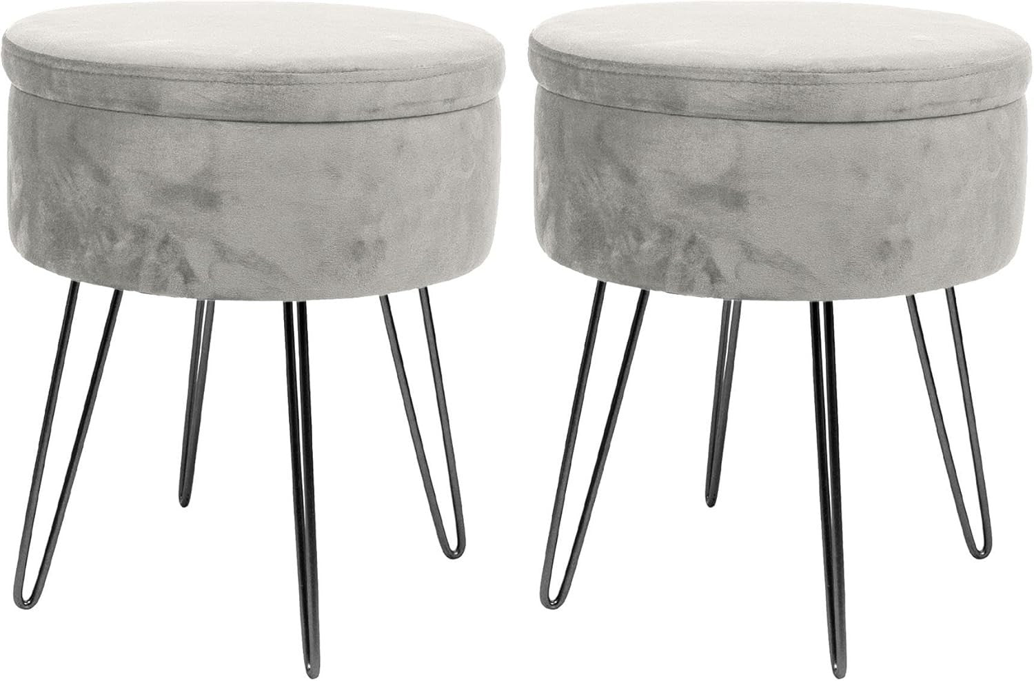 Set of 2 Grey Velvet Storage Footstools Black Legs Modern Round Pouffes