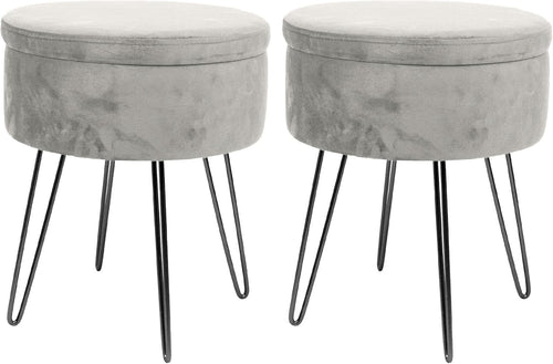 Set of 2 Grey Velvet Storage Footstools Black Legs Modern Round Pouffes