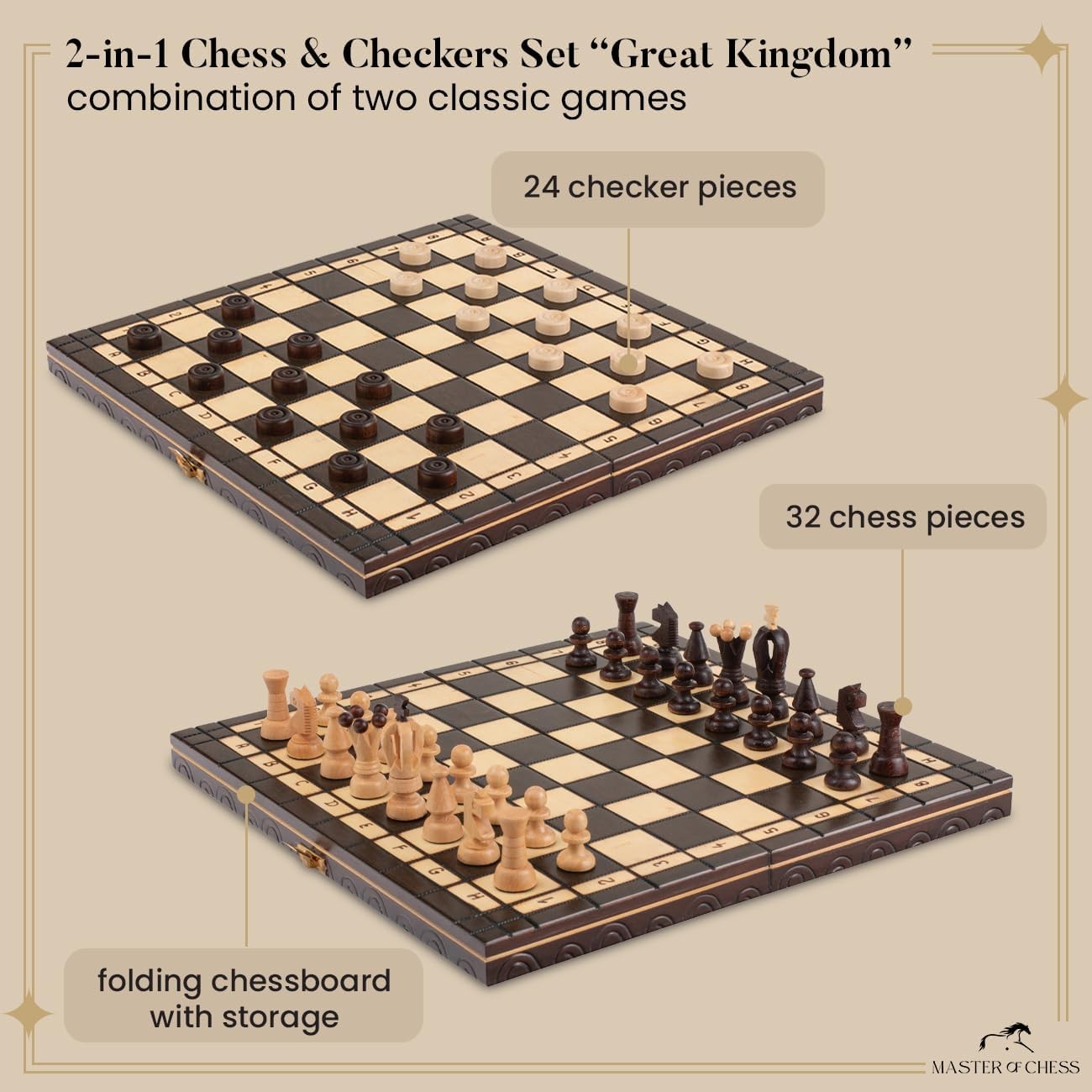 Luxury 2-in-1 Wooden Chess & Checkers Set | 35cm Folding Board | Handmade Gift