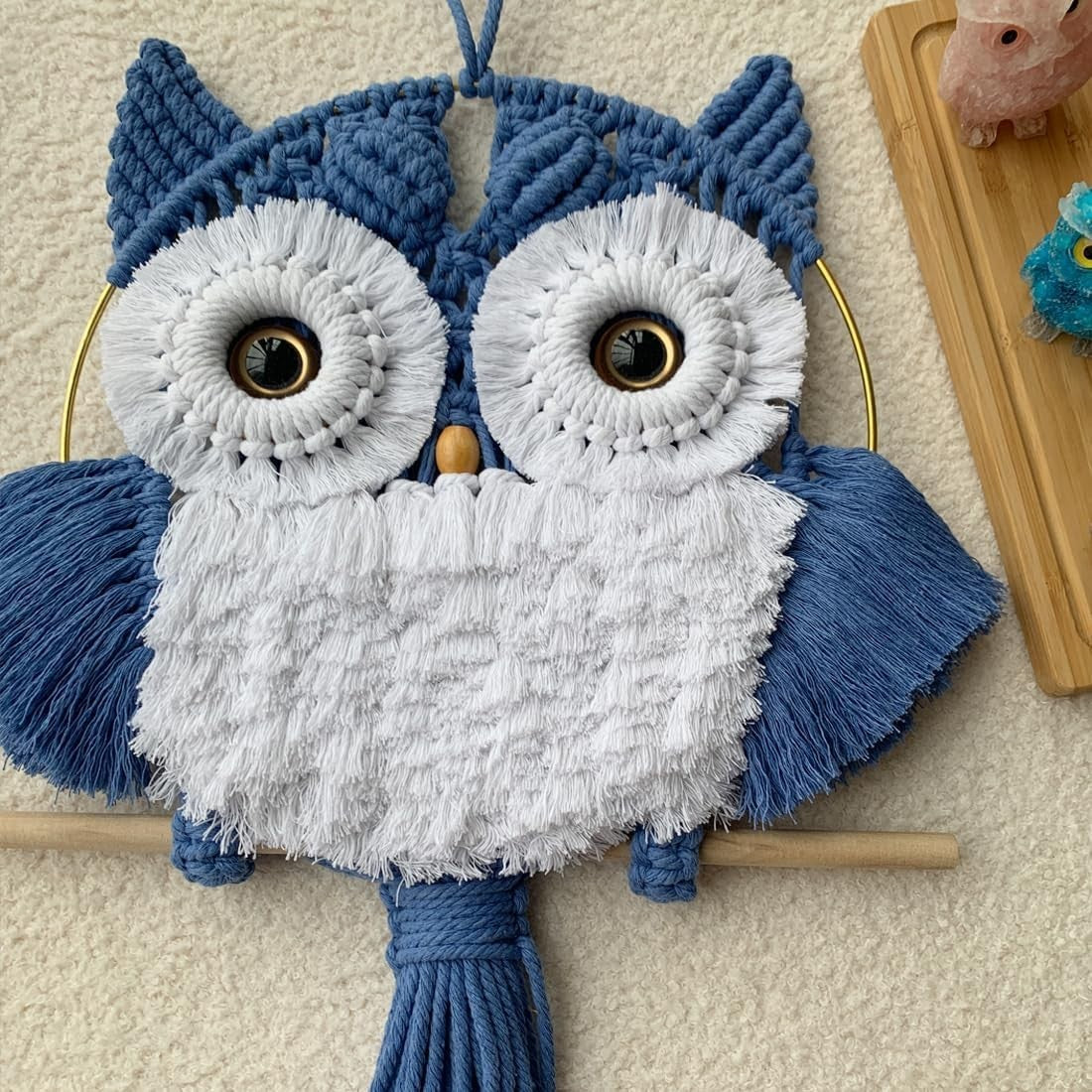 Hazy Blue Macrame Owl Wall Hanging Boho Fiber Art Decor