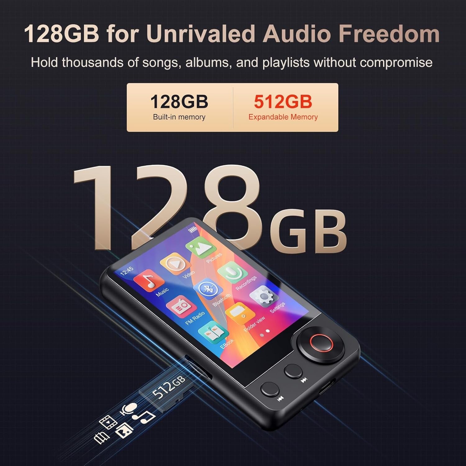 128GB MP3 Player Black 2.4" Touch Bluetooth HiFi FM