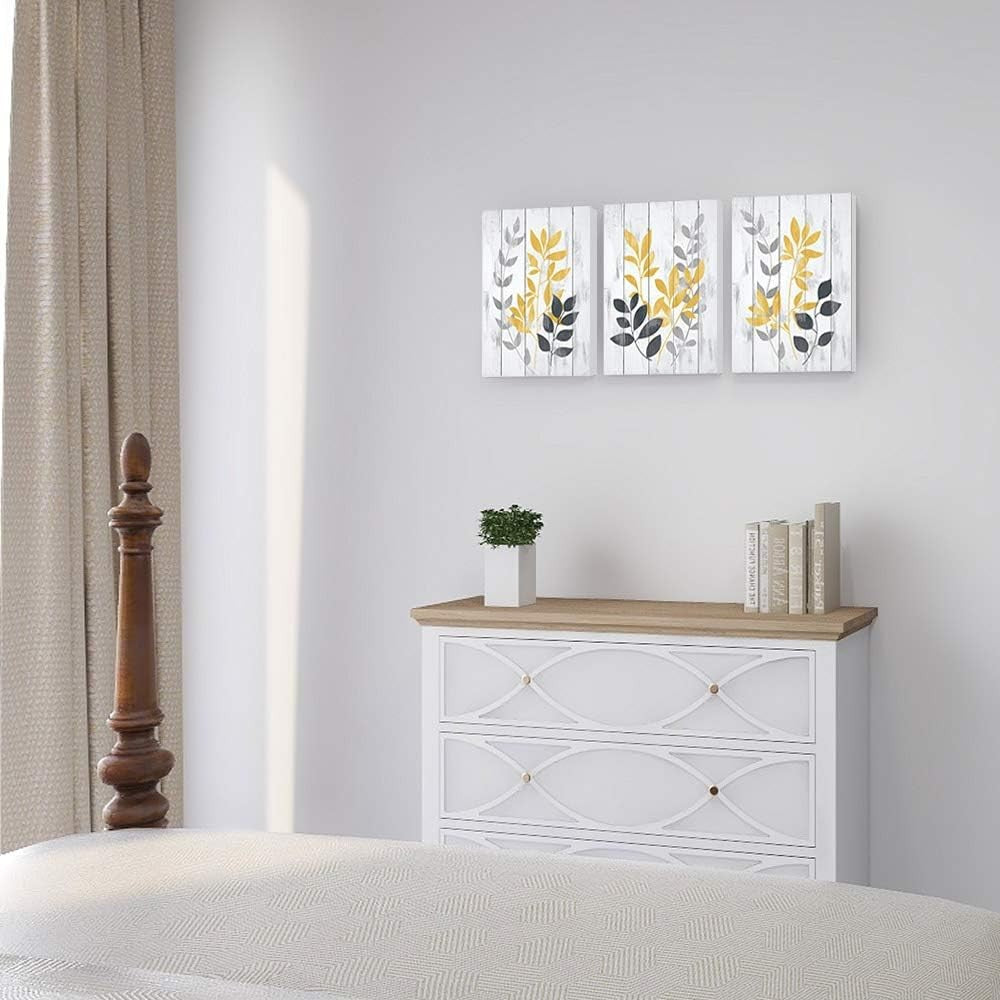 3-Piece Yellow Grey Leaf Canvas Wall Art Modern Home Decor