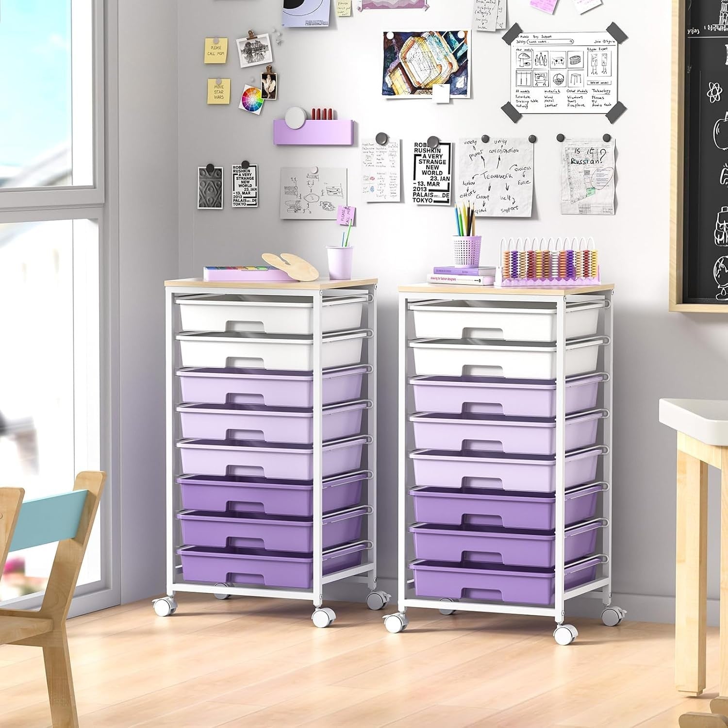 8 Drawer Mobile Storage Cart Purple Rolling Organizer Trolley Wheels