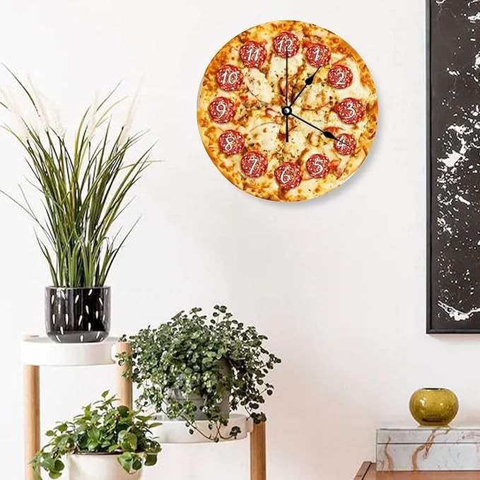 Funny Pizza Wall Clock 25cm Silent Non-Ticking Round Wooden Kitchen Decor