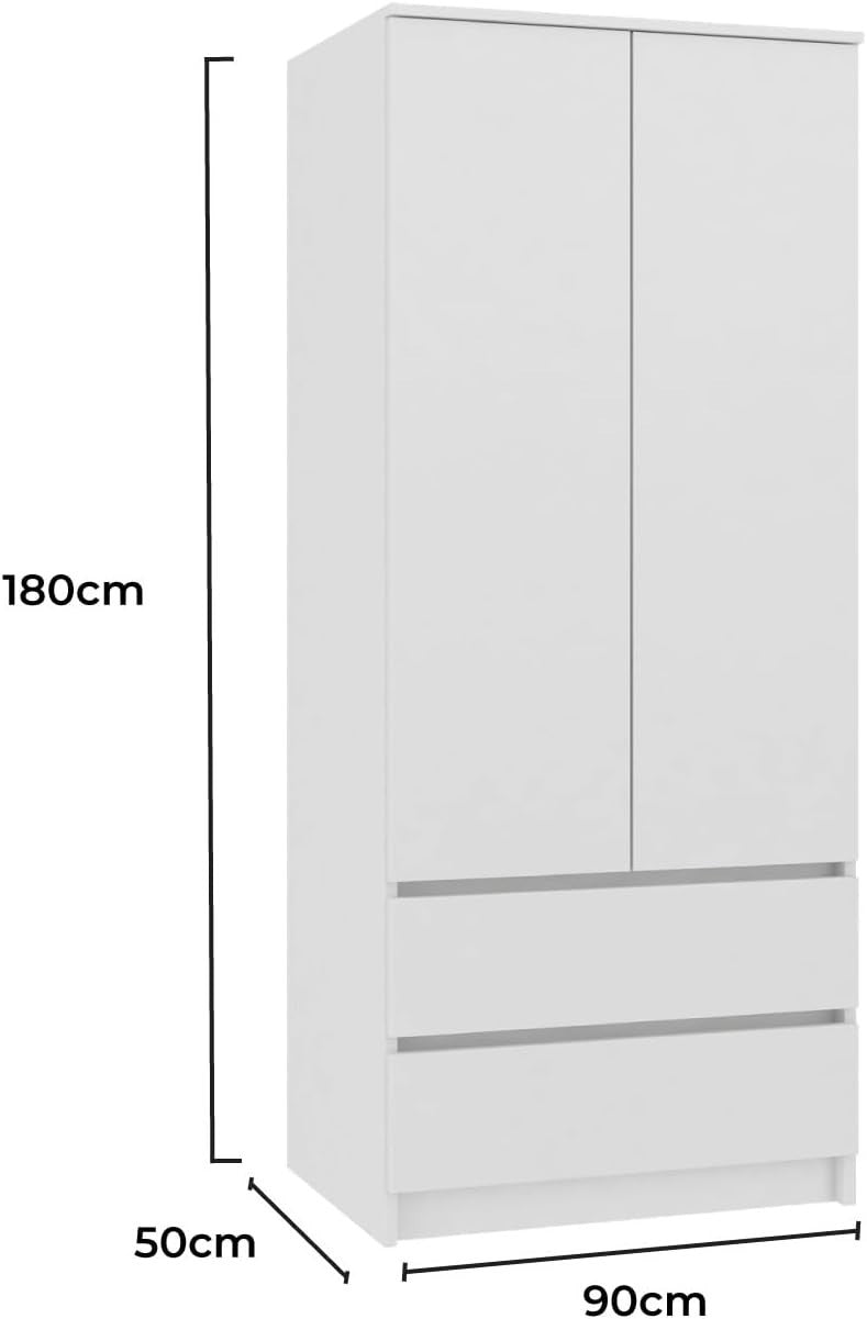 White Modern Double Wardrobe with Drawers & Hanging Rail - Bedroom Storage