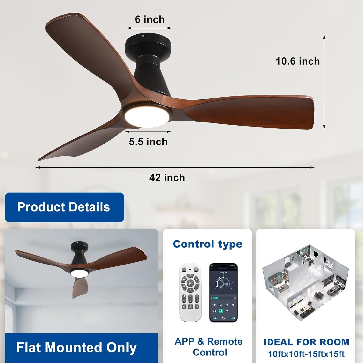 42" Ceiling Fan Light, Walnut Wood 3-Blade LED, Quiet Reversible DC