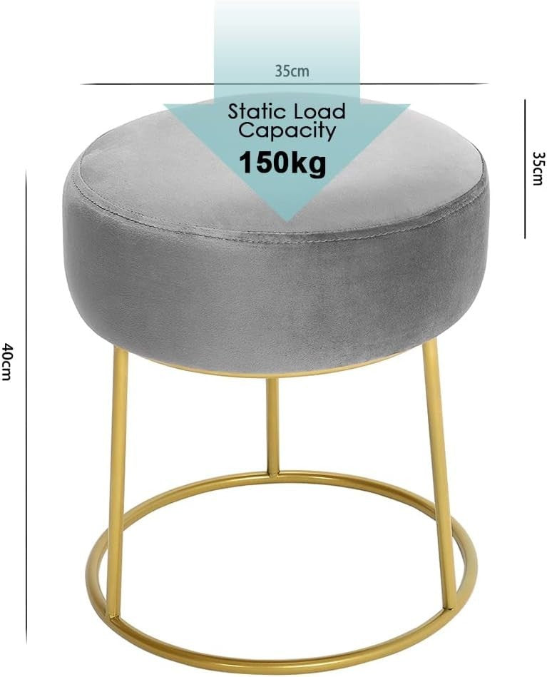Grey Velvet Round Dressing Table Stool Ottoman Footrest with Metal Base