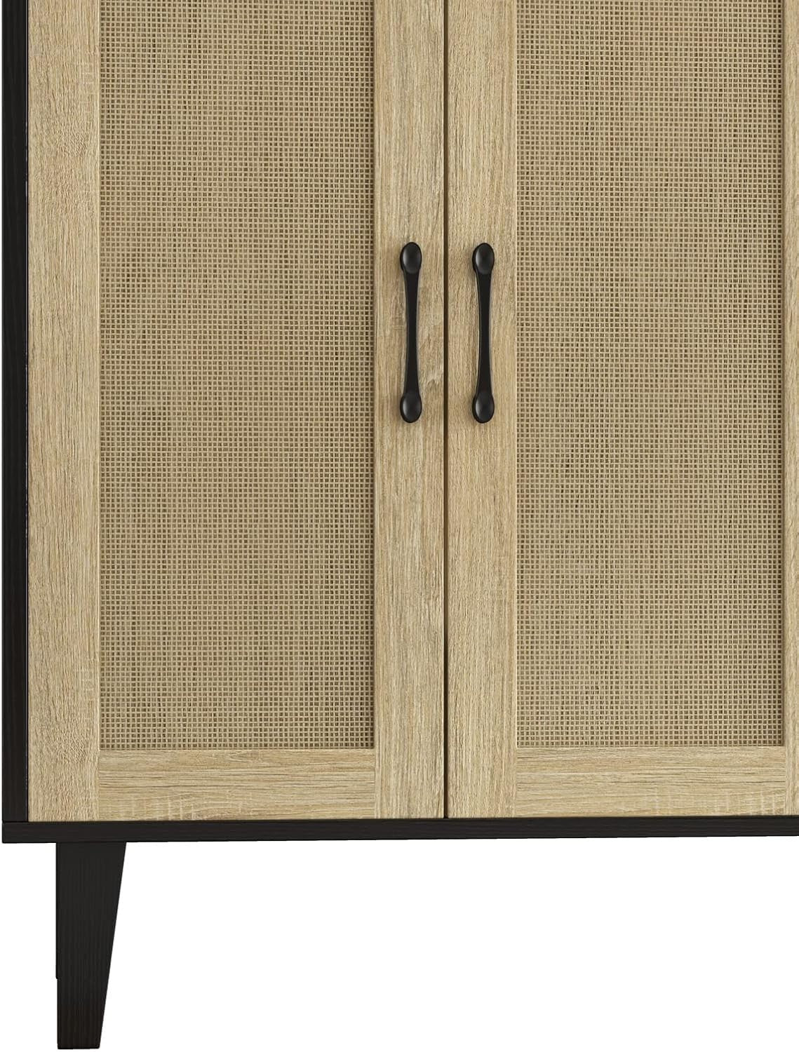 Black Buffet Storage Cabinet with Rattan Doors Adjustable Shelves Modern