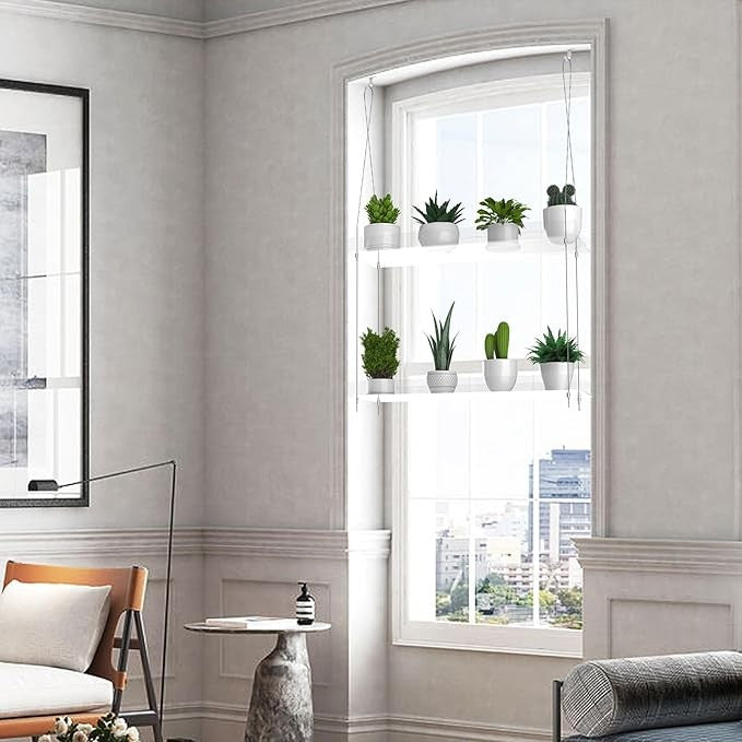 2 Tier Clear Acrylic Hanging Window Plant Shelf Indoor Garden Display Organizer