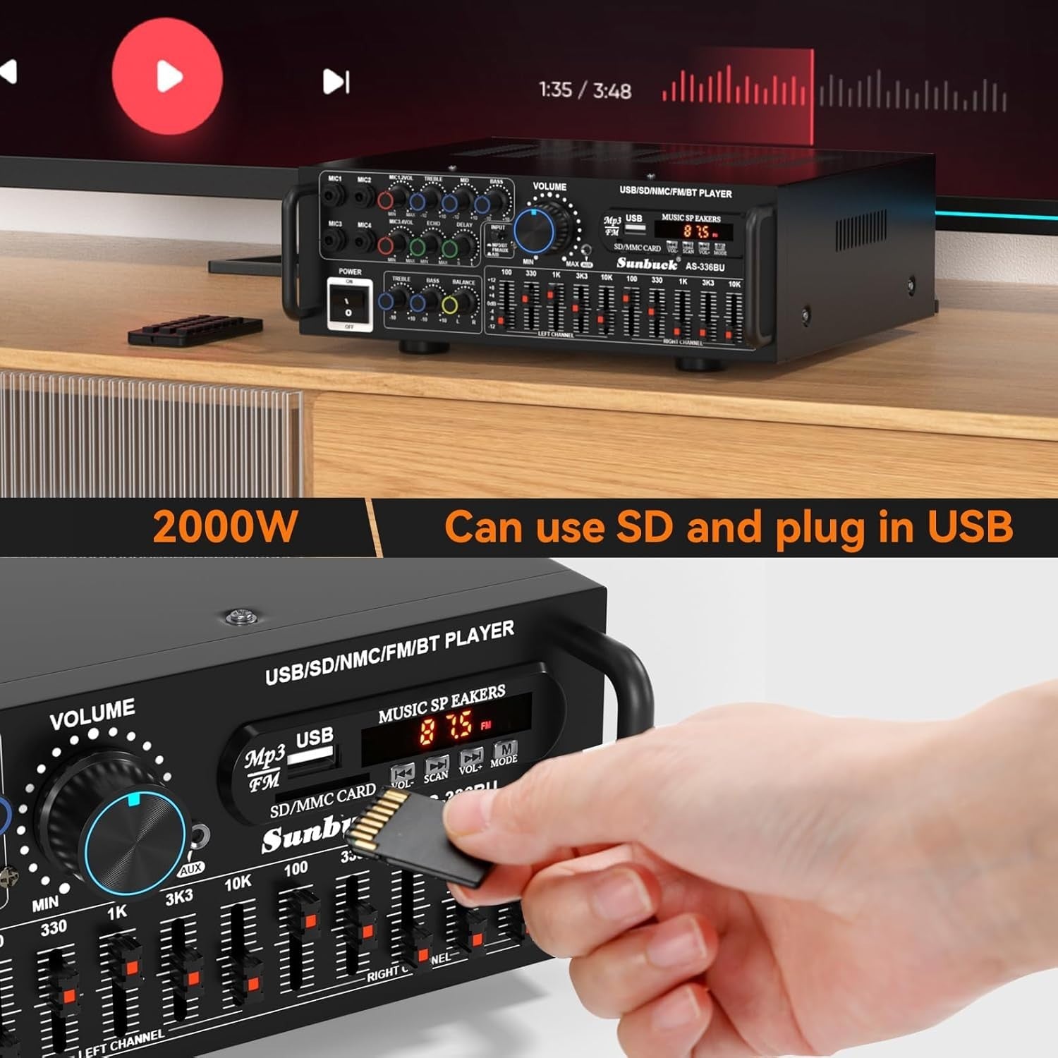 400W Bluetooth HiFi Stereo Amplifier 5 Band EQ 4 Mic Karaoke UK