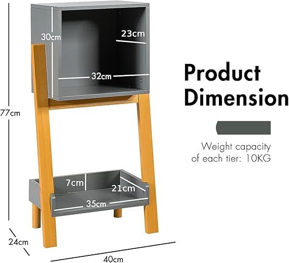 Modern Side Table with Drawer & Shelf | Slim Bedside Nightstand Grey Wood