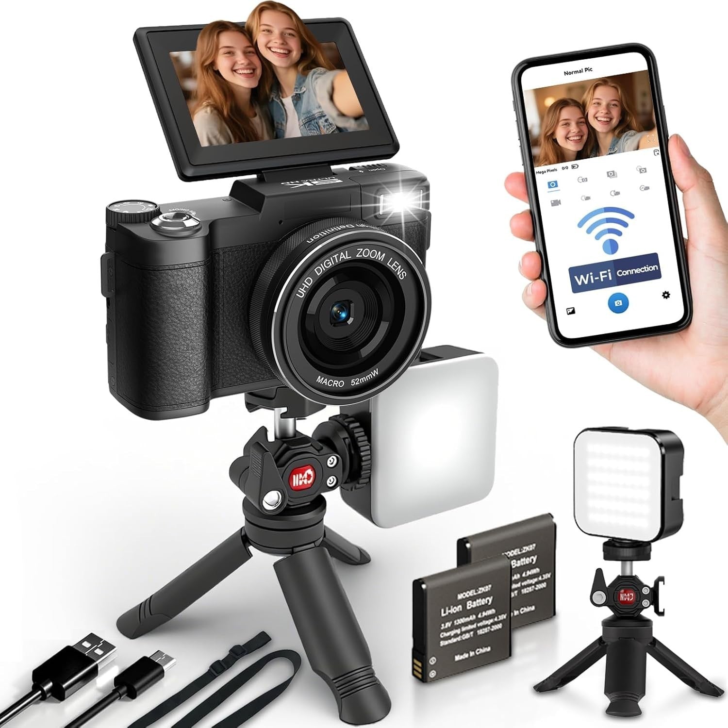 5K 64MP Vlogging Camera WiFi Flip Screen Tripod Camera Kit