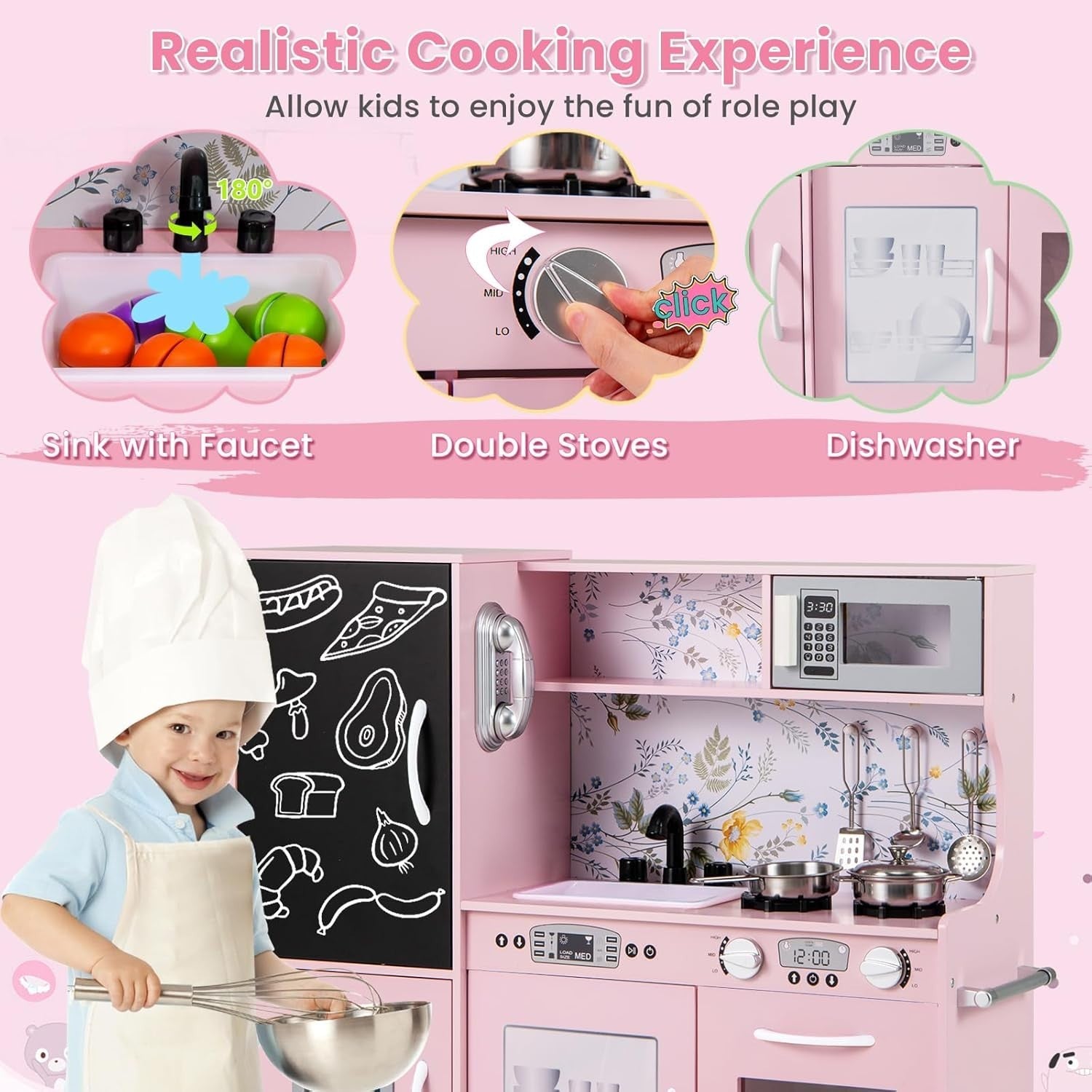 Wooden Kids Play Kitchen Pink Ice Maker Cooker Toy Set w Accessories