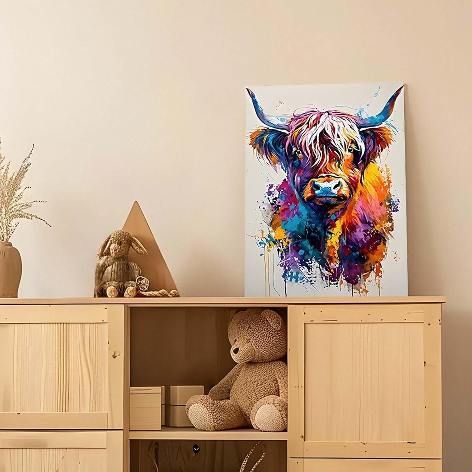 Colourful Highland Cow Canvas Wall Art 12x16in Framed Print