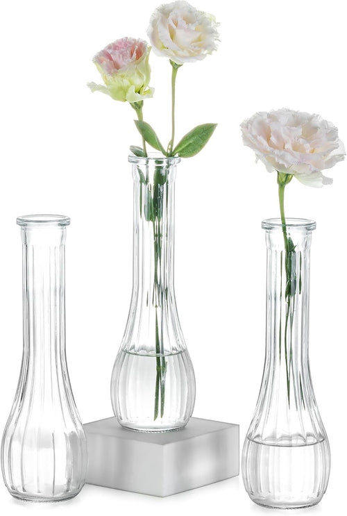 Clear Glass Bud Vase Set of 3 Tall Ribbed Flower Vases Wedding Table Decor