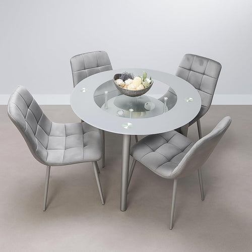 Round Glass Dining Table Set Grey Velvet Chairs | Modern Kitchen Storage