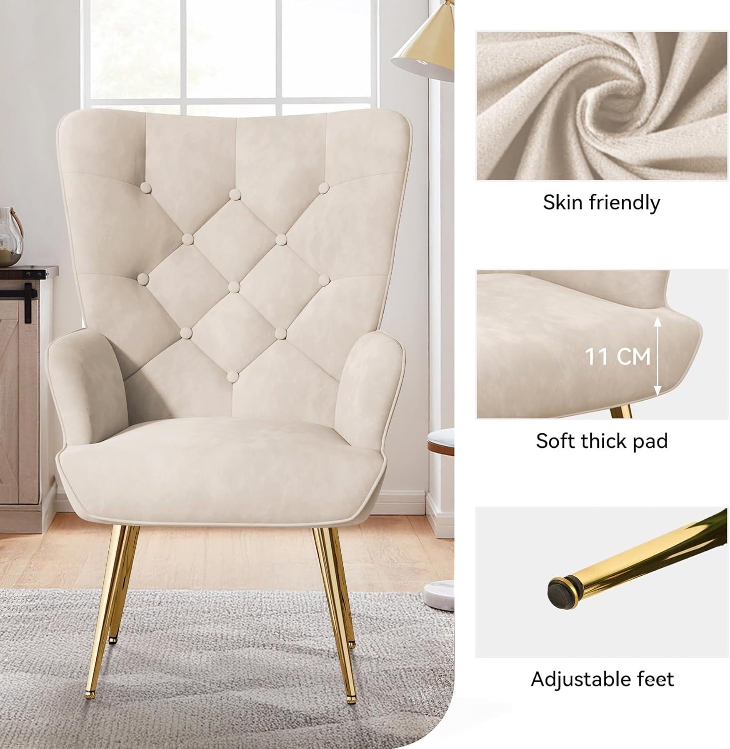 Beige Velvet Wing Back Chair High Back Memory Foam Gold Legs Living Room