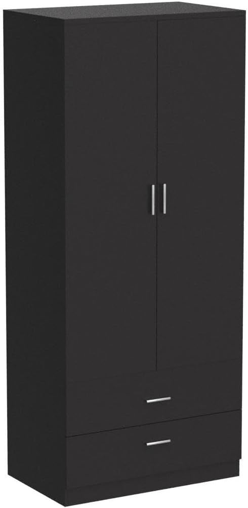 Black 2 Door Wardrobe with Hanging Rail & 2 Drawers Durable Bedroom Closet
